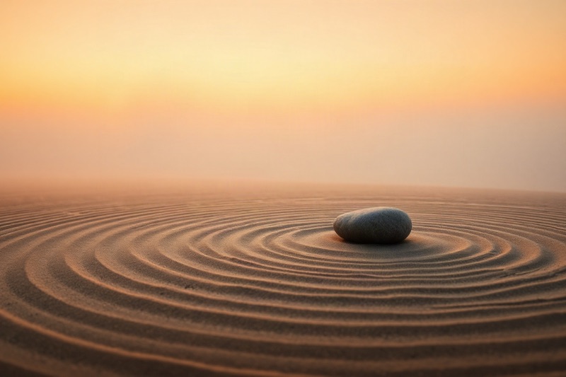 Illustration made with FLUX.1 schnell: a raked zen garden with a single stone at dawn