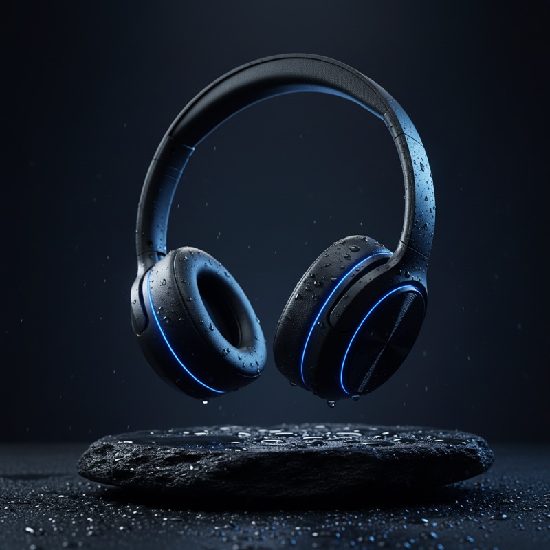 Studio product shot of matte-black headphones with blue rim light and water droplets, made with Gemini 2.5 Flash Image