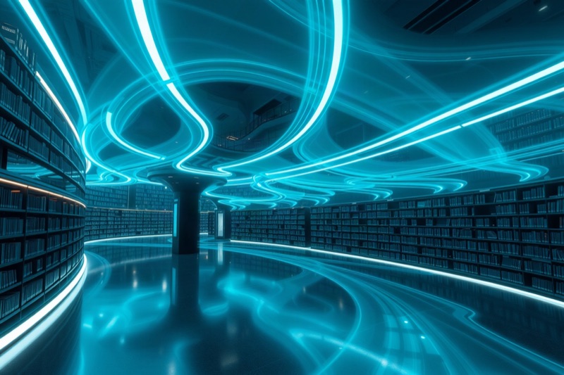 Illustration made with FLUX.1 schnell: streams of light flowing through a vast library