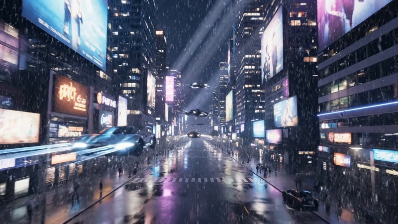 Drone shot of a rainy neon-lit futuristic city street at night, made with Veo 3.1 Fast